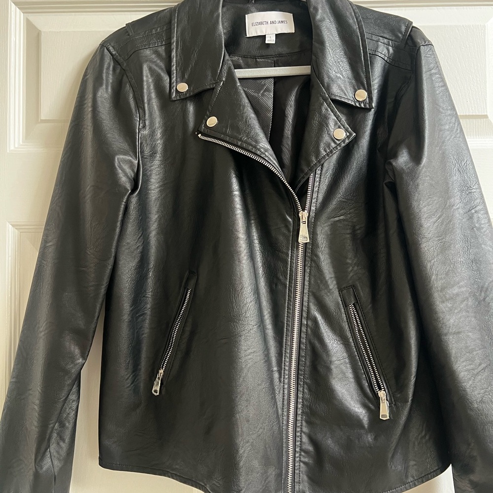Elizabeth and James Black Faux Leather Asymmetrical Zip Jacket